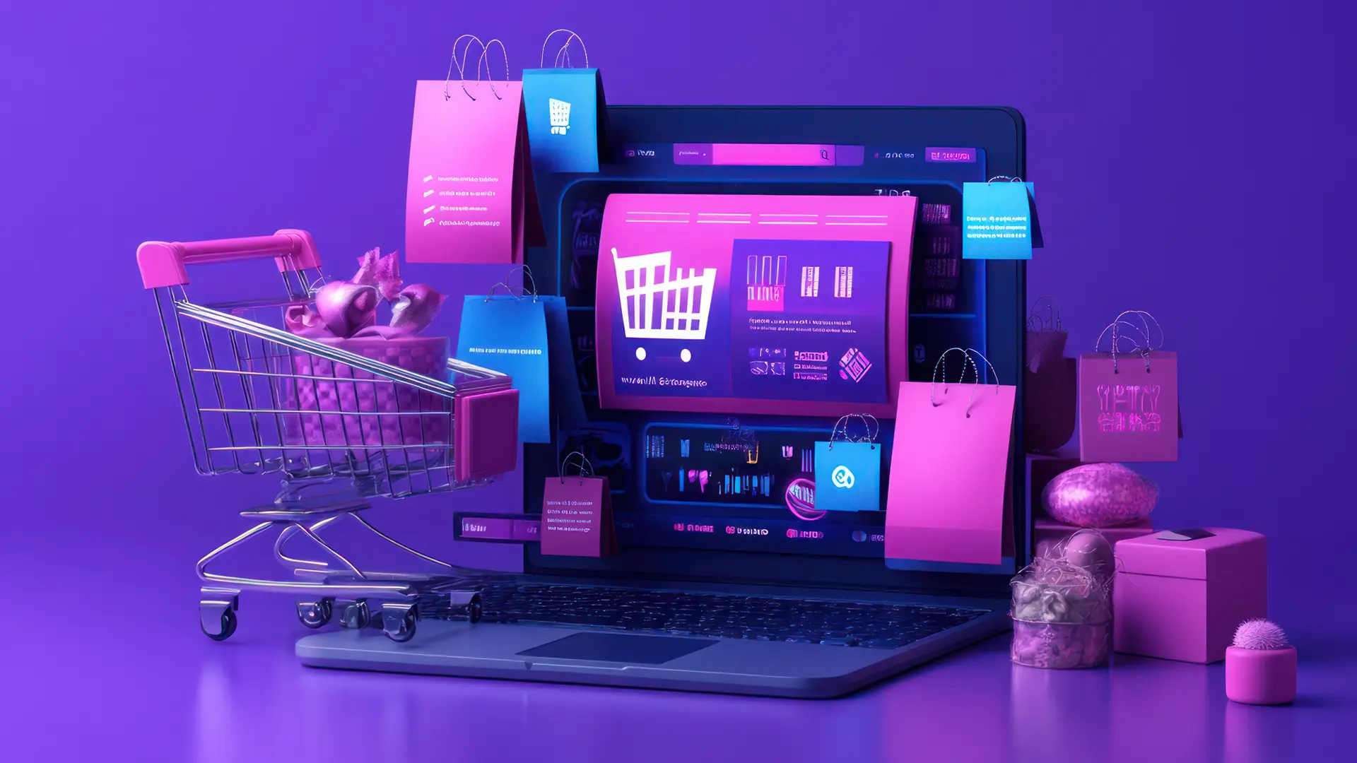 Criação de lojas virtuais com IA - Dashboard mostrando e-commerce com chatbot, automação e análise de vendas