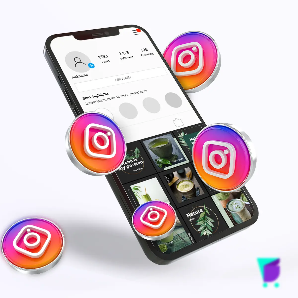 Gestão profissional de Instagram Ads com IA - Agência Rollin Campinas mostrando exemplos de Stories, Reels e Shopping