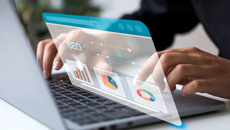 Produção de conteúdo SEO mostrando blog posts, e-books e materiais ricos ranqueando no Google